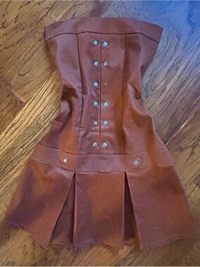 Strapless Rust Brown Pleated Mini Dress with Button Accents